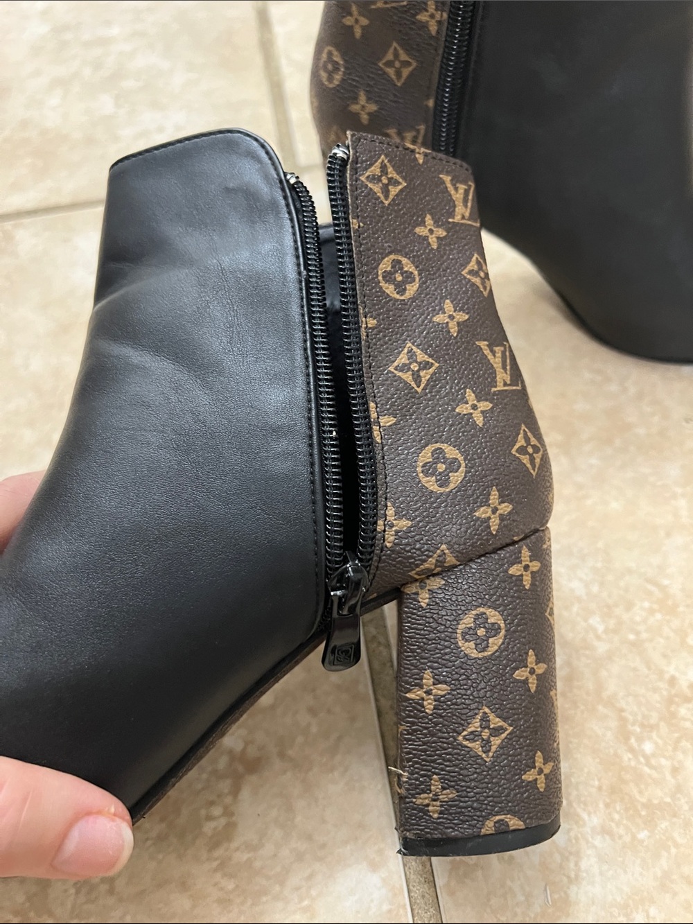 Black and brown monogram Inspired Leather Ankle Boots with Monogram Heel - Picture 5 of 7